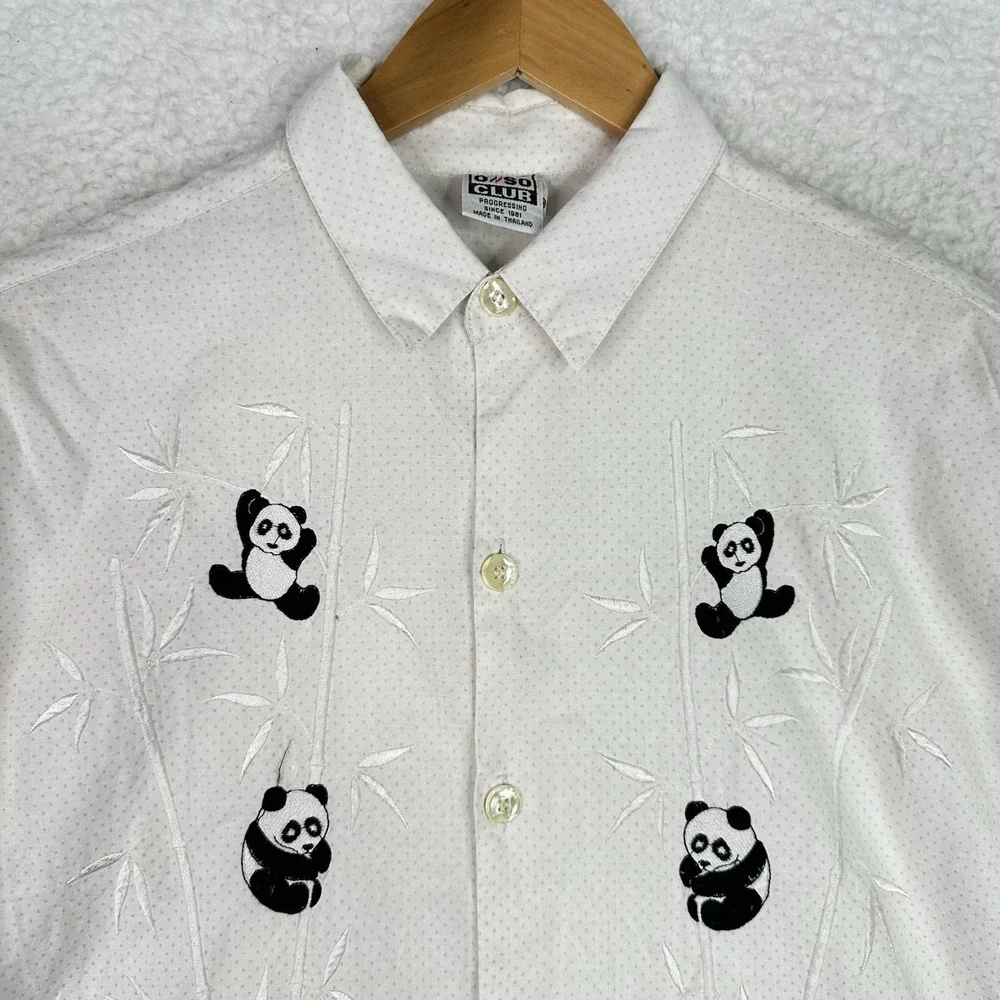 Vintage Panda Bamboo Embroidered Button Down Shirt White Mini Polka Dots Mens‎ M